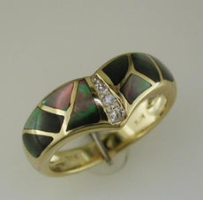 ESTATE .15CT DIAMOND & AAA OPAL 14KT YELLOW GOLD 3D V SHAPE FUN RING