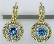.97CT DIAMOND & AAA BLUE TOPAZ 14K YELLOW GOLD 3D CIRCULAR ROPE HANGING EARRINGS