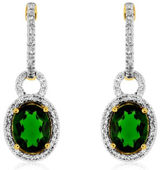 2.88CT DIAMOND & AAA GREEN GARNET 14KT YELLOW GOLD 3D OVAL HALO HANGING EARRINGS