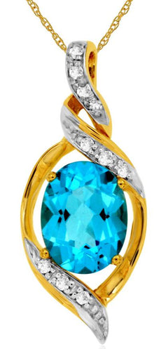 2.18CT DIAMOND & AAA BLUE TOPAZ 14KT YELLOW GOLD OVAL & ROUND FLOATING PENDANT