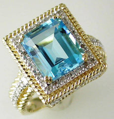 5.64CT DIAMOND & AAA BLUE TOPAZ 14KT YELLOW GOLD EMERALD CUT HALO ROPE FUN RING