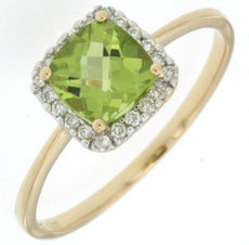 1.2CT DIAMOND & AAA PERIDOT 14KT YELLOW GOLD CUSHION & ROUND FRIENDSHIP FUN RING