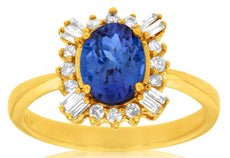 1.45CT DIAMOND & AAA TANZANITE 14KT YELLOW GOLD 3D OVAL FLOWER ENGAGEMENT RING