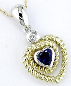 .32CT DIAMOND & AAA SAPPHIRE 14K 2 TONE GOLD TRIPLE HEART BEZEL FLOATING PENDANT