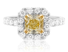 ESTATE 1.82CT WHITE & FANCY YELLOW DIAMOND 18KT 2 TONE GOLD HALO ENGAGEMENT RING