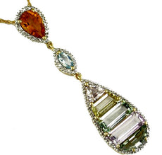 6.46CT DIAMOND & AAA MULTI GEM 14K YELLOW GOLD TEAR DROP LARIAT FLOATING PENDANT