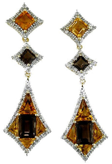 LARGE 7.78CT DIAMOND & AAA CITRINE & AAA SMOKEY TOPAZ 14KT YELLOW GOLD EARRINGS