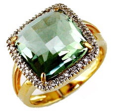 6.74CT DIAMOND & AAA GREEN AMETHYST 14KT YELLOW GOLD CUSHION & ROUND SQUARE RING