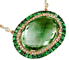 11.8CT DIAMOND & AAA GREEN GARNET & AMETHYST 14KT YELLOW GOLD OVAL HALO NECKLACE
