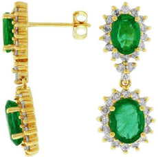 ESTATE 5.10CT DIAMOND & AAA EXTRA FACET EMERALD 14KT YELLOW GOLD FLOWER EARRINGS