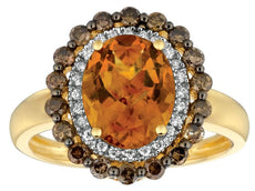 2.85CT WHITE & MOCHA DIAMOND & AAA CITRINE 14K YELLOW GOLD OVAL FLOWER LOVE RING