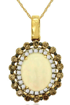 2.32CT WHITE & MOCHA DIAMOND & AAA OPAL 14K YELLOW GOLD OVAL DOUBLE HALO PENDANT