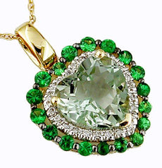 3.10CT DIAMOND & AAA GREEN GARNET & AMETHYST 14K YELLOW GOLD HEART SHAPE PENDANT
