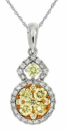 .94CT WHITE & FANCY YELLOW DIAMOND 14KT WHITE GOLD 3D FLOWER HALO ROUND PENDANT
