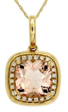 1.33CT DIAMOND & AAA MORGANITE 14KT YELLOW GOLD 3D CUSHION HALO FLOATING PENDANT