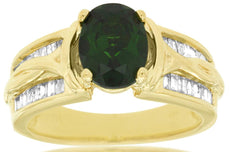 2.55CT DIAMOND & AAA RUSSALITE 14KT YELLOW GOLD OVAL & BAGUETTE FRIENDSHIP RING