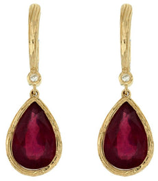 7.33CT DIAMOND & AAA RUBY 14KT YELLOW GOLD 3D TEAR DROP BAMBOO HANGING EARRINGS