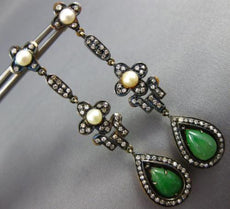ANTIQUE LARGE .52CT DIAMOND AAA PEARL & JADE 18K GOLD & 925 SILVER DROP EARRINGS