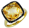 LARGE 7.92CT BLACK DIAMOND & AAA CITRINE 14KT YELLOW GOLD CUSHION HALO FUN RING
