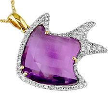 1.2CT DIAMOND & AAA AMETHYST 14KT YELLOW GOLD HAPPY LUCKY FISH FLOATING PENDANT