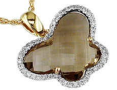 1.14CT DIAMOND & AAA SMOKEY TOPAZ 14K YELLOW GOLD BUTTERFLY FUN FLOATING PENDANT