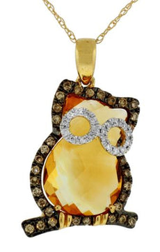 1.31CT WHITE & MOCHA DIAMOND & AAA CITRINE 14K YELLOW GOLD HAPPY OWL FUN PENDANT