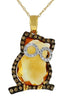 1.31CT WHITE & MOCHA DIAMOND & AAA CITRINE 14K YELLOW GOLD HAPPY OWL FUN PENDANT
