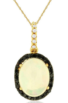 1.9CT WHITE & BLACK DIAMOND & AAA OPAL 14K YELLOW GOLD OVAL & ROUND HALO PENDANT