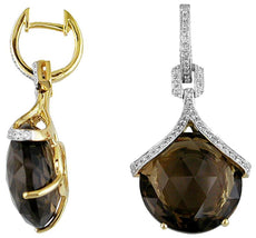 27.68CT DIAMOND & AAA SMOKY TOPAZ 14KT YELLOW GOLD 3D TEAR DROP HANGING EARRINGS