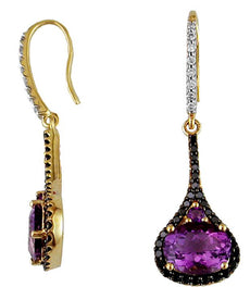 4.05CT WHITE & BLACK DIAMOND & AAA AMETHYST 14KT YELLOW GOLD 3D HERSHEY EARRINGS