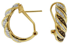 .75CT WHITE & MOCHA DIAMOND 14KT YELLOW GOLD 3D SWIRL CLIP ON HANGING EARRINGS