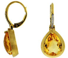 7.96CT DIAMOND & AAA CITRINE 14K YELLOW GOLD PEAR SHAPE & ROUND HANGING EARRINGS