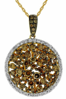 1.57CT WHITE & CHOCOLATE FANCY DIAMOND 14KT YELLOW GOLD CLUSTER CIRCULAR PENDANT
