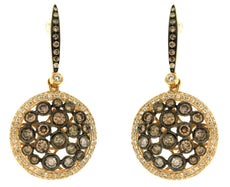 2.55CT WHITE & MOCHA DIAMOND 14KT YELLOW GOLD 3D CLUSTER ETOILE HANGING EARRINGS