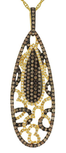 1.72CT WHITE & MOCHA DIAMOND 14K YELLOW GOLD 3D ELONGATED TEAR DROP LOVE PENDANT