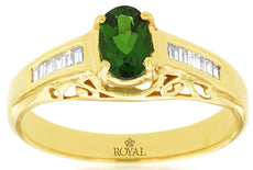 0.63CT DIAMOND & AAA RUSSALITE 14KT YELLOW GOLD OVAL & BAGUETTE FRIENDSHIP RING