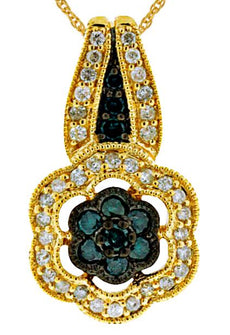 .51CT WHITE & BLUE DIAMOND 14KT YELLOW GOLD 3D FLOWER FILIGREE FLOATING PENDANT