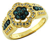 ESTATE .50CT WHITE & BLUE DIAMOND 14KT YELLOW GOLD 3D DOUBLE FLOWER FUN RING