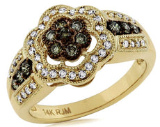 .50CT WHITE & CHOCOLATE FANCY DIAMOND 14KY YELLOW GOLD FLOWER FILIGREE FUN RING