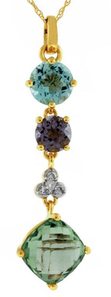 4.04CT DIAMOND & AAA MULTI GEM 14KT YELLOW GOLD CUSHION & ROUND LARIAT PENDANT