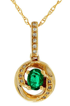 .24CT DIAMOND & AAA EMERALD 14KT YELLOW GOLD LOVE KNOT CIRCULAR FLOATING PENDANT