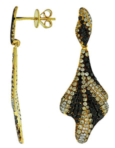 2.18CT WHITE MOCHA & BLACK DIAMOND 14KT YELLOW GOLD MULTI LEAF HANGING EARRINGS