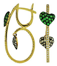 1.14CT WHITE & MOCHA DIAMOND & AAA TSAVORITE 14K YELLOW GOLD 3D HANGING EARRINGS