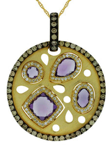 2.25CT WHITE & MOCHA DIAMOND & AAA AMETHYST 14K YELLOW GOLD CIRCULAR FUN PENDANT