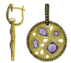 LARGE 4.50CT WHITE & MOCHA DIAMOND & AMETHYST 14KT YELLOW GOLD CIRCULAR EARRINGS
