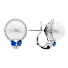 ESTATE LARGE 1.19CT DIAMOND SOUTH SEA PEARL & SAPPHIRE 18KT WHITE GOLD EARRINGS