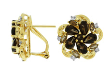 ESTATE 4.80CT DIAMOND & SMOKY QUARTZ 14KT YELLOW GOLD 3D FLOWER CLIP ON EARRINGS