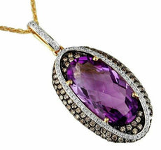 11.16CT WHITE & MOCHA DIAMOND & AAA AMETHYST 14KT YELLOW GOLD 3D OVAL PENDANT