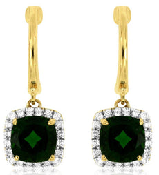 2.21CT DIAMOND & AAA GREEN GARNET 14KT YELLOW GOLD 3D SQUARE LEVERBACK EARRINGS