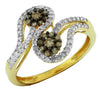 0.55CT WHITE & MOCHA DIAMOND 14KT YELLOW GOLD DOUBLE FLOWER CRISS CROSS FUN RING